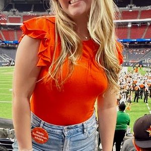 Bright orange body suit with ruffle sleeves skin tight medium